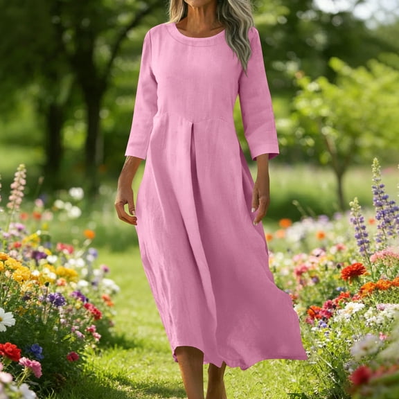Xdegoge Long Dresses for Women Loose Fit 3/4 Sleeve Round Neck Casual Dresses Solid Color Pleated Empire Waist Midi Dress Spring Fall Vacation Outfits