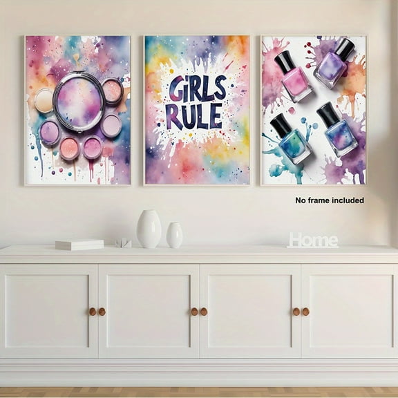 [2D Flat] 3pcs, 2D Frameless Canvas Art Set, Living Room Decorative Paintings for Teen Girls' Bedroom, 3pcs Teen Wall Art Hanging Decor, Girls' Rule, Nail and Makeup Artist Cosmetics Prints