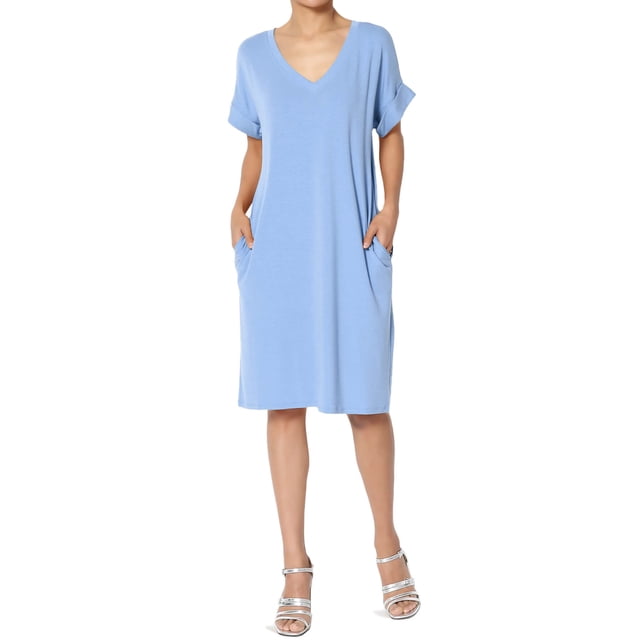 TheMogan Robe T-Shirt à Manches Courtes Col en V avec Poche pour Femmes Grande Taille