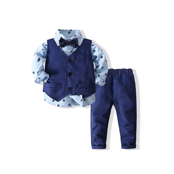 JYYYBF Toddler Kids Boys Clothes Gentleman Outfits Long Sleeve Sailboat Print Solid Color Shirt with Bow Tie Pants Vest Set