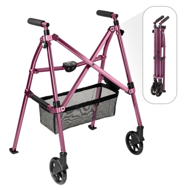Andador plegable ligero Stander EZ Fold-N-Go para personas mayores y adultos, con ruedas de 15 cm, deslizadores y bolsa organizadora, color rosa real, 1 unidad