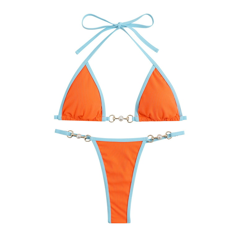 Ecqkame 2023 Summer Sexy Bandage Bikini Sets Women Tie Side GString Thong  Swimsuit Solid Bathing Suit Brazlian Swimwear Orange S Clearance Items 