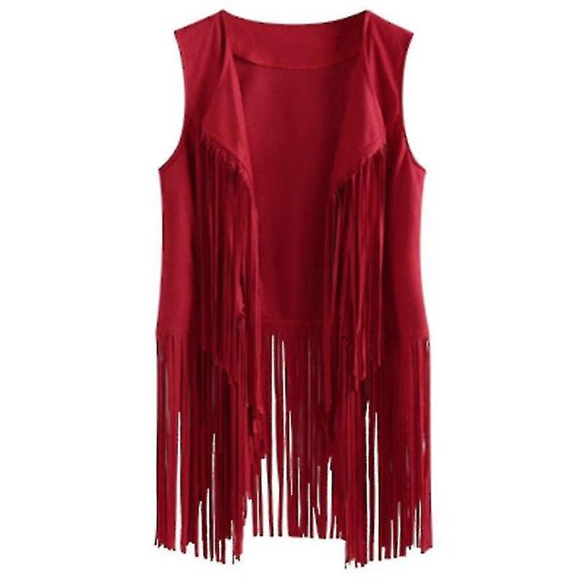 Chaqueta de gamuza sintética sin mangas para mujer, con flecos y borlas, estilo hippie de los años 70, cárdigan con frente abierto