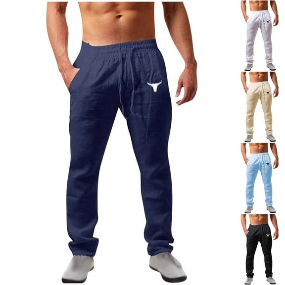 Jinhomg Mens Linen Pants Big And Tall Loose Drawstring Waist Straight-Legs Joggers for Athletic Workout Casual Beige,S