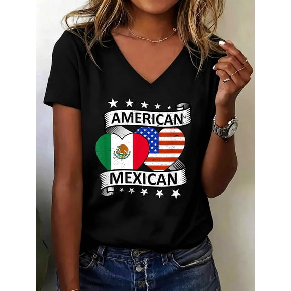 Mexican American Flag American And Mexican Mexico Pride V Neck T-Shirt for Women Kids Men Cotton Women's V Neck Graphic Tee, Casual Short Sleeve Shirt,Vacation Outfit