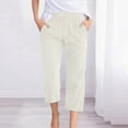 thumbnail image 3 of LEKDFST Dressy Capri Pants For Women Solid Color Elastic High Waist Drawstring Linen Capris Womens Lightweight Crop Pants Beige L, 3 of 5