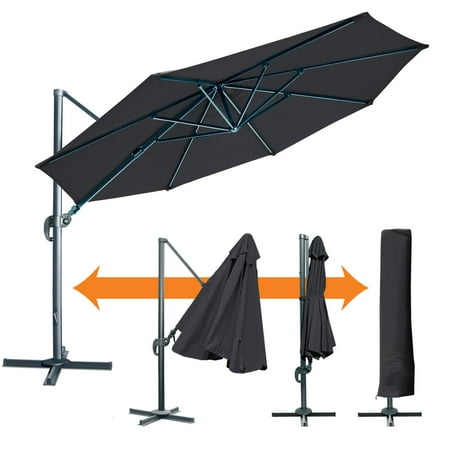 Roma Patio - Strong Camel Black 11.5' Deluxe Off-Set Hanging Roma Umbrella UV 50+ Tilt & 360 Rotation Patio Heavyduty Outdoor Offset Umbrella Sunshade Cantilever Crank with Protect Cover