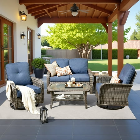 Ovios 5 Pieces Outdoor Patio Furniture Set High Back All-Weather Wicker Conversation Sectional Sofa With Swivel Rocking Chair For Backyard