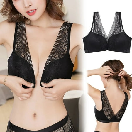 

Jieowen Plus Size Wireless Front Closure Bra For Women Push Up Bralette Lace Brassiere Deep V Back Bras Seamless