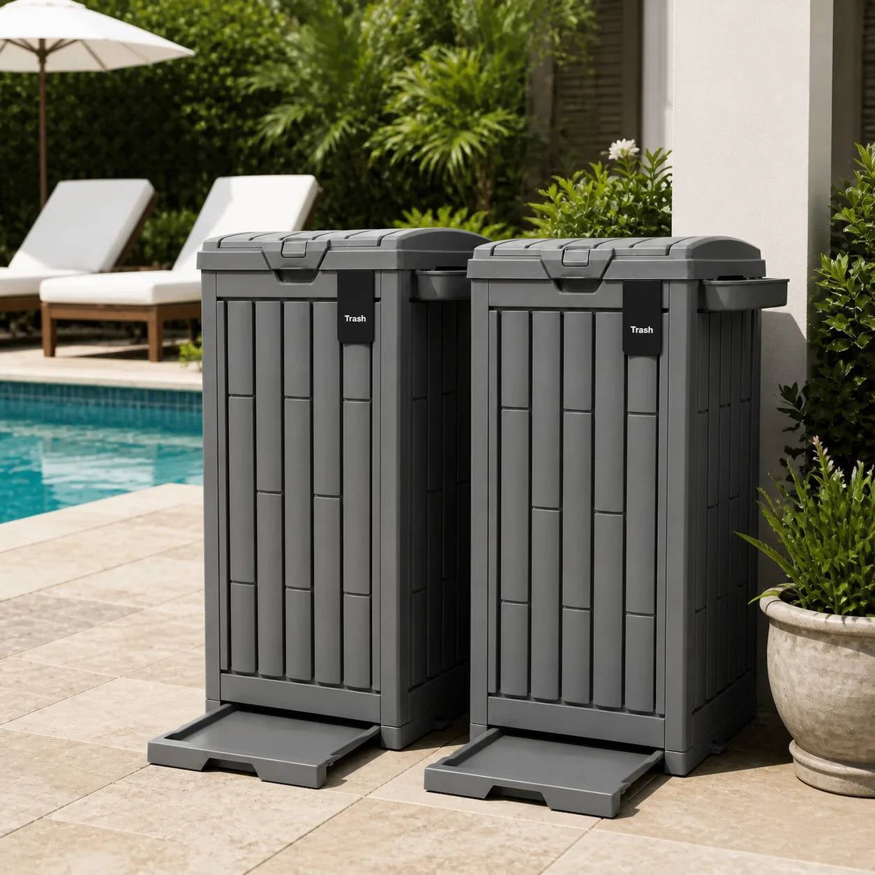 Uforic 38 Gallon Outdoor Trash Can, Set of 2 Resin Garbage Bins with Lids, Sorting Labels, Ash Holder, Stakes & Suction Cups, Outdoor Waste Storage for Patio Backyard Garden, Light Brown