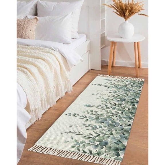 Green Eucalyptus Leaves Hallway Runner Rug 2x5ft,Summer Botanical Watercolor Washable Woven Living Room Bedroom Kitchen Bathroom Carpet with Tassels,Indoor Outdoor Throw Door Mat for Entryway