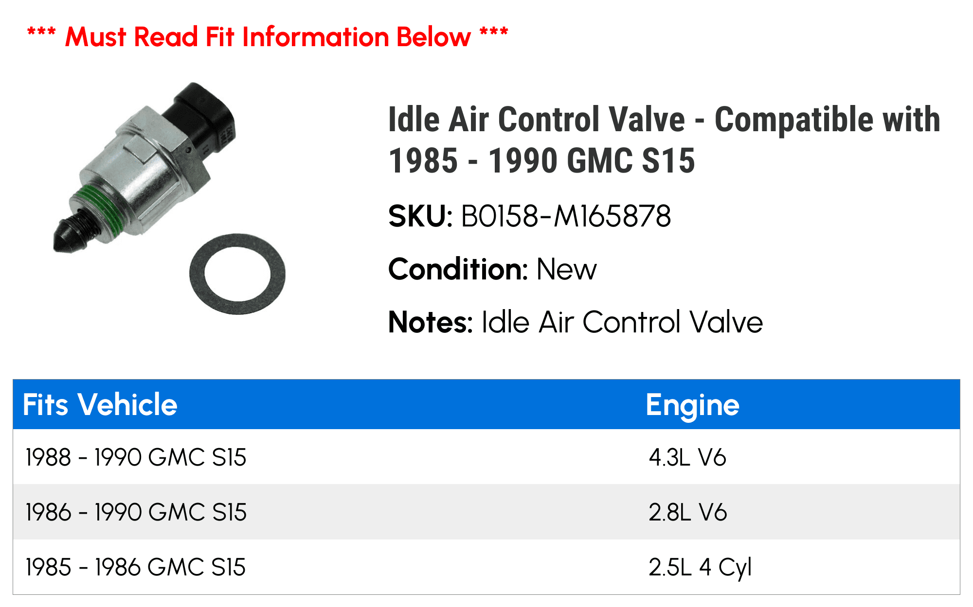 Idle Air Control Valve - Compatible with 1985 - 1990 GMC S15 1986 1987 1988 1989
