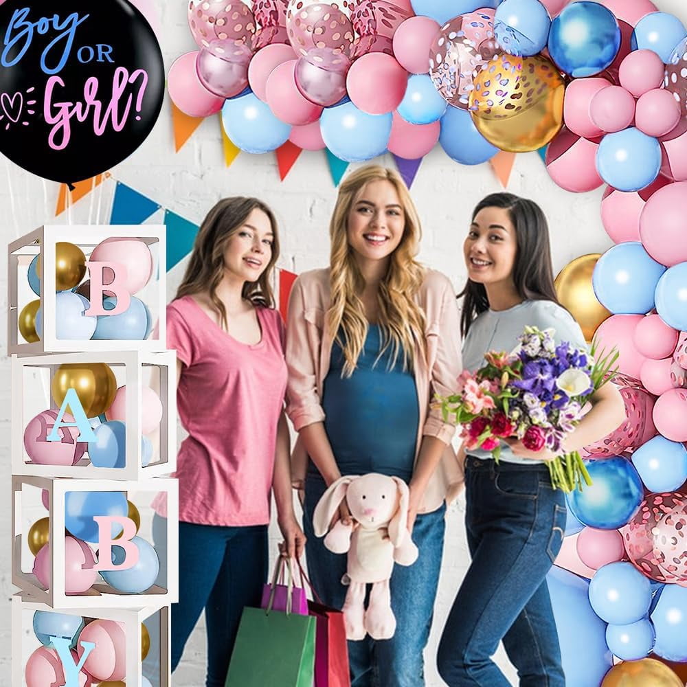 Baby Boxes Gender Reveal Balloon Decorations, Pink and Blue Balloon Garland Arch Kit, Baby Boxes with A-Z+Baby Letters for Gender Reveal Party Supplies