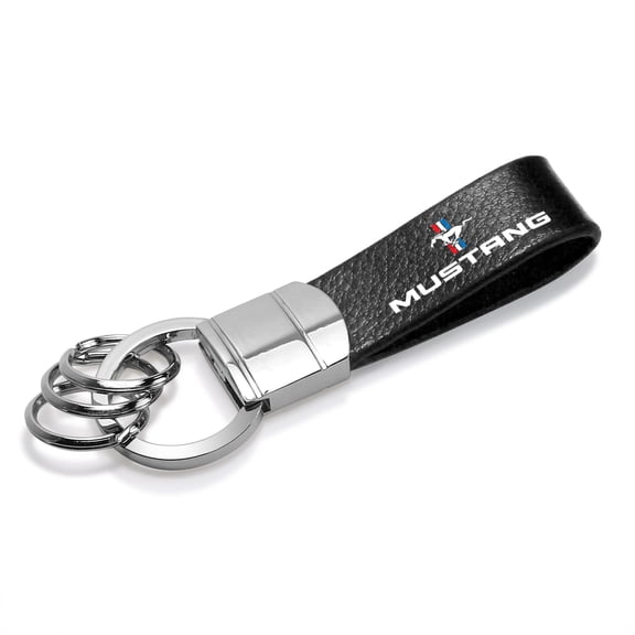 Ford Mustang Tri-Bar Black Real Leather Strap Chrome Round Hook Metal Key Chain