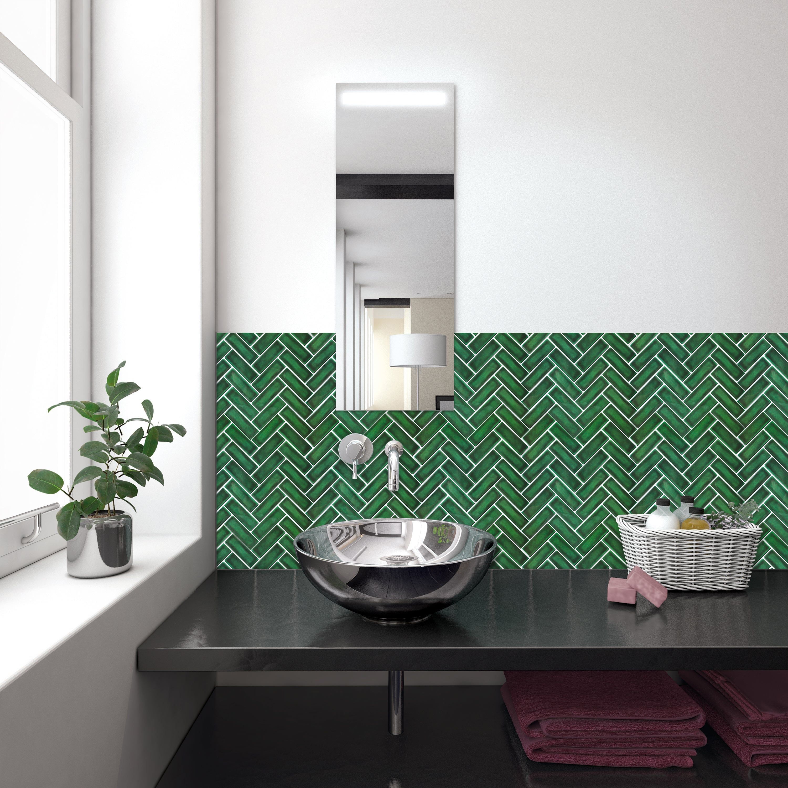 Herringbone Peel and Stick Backsplash, 10-Sheet Self Adhesive Stick on Wall Tiles for Kitchen Bathroom (Green)