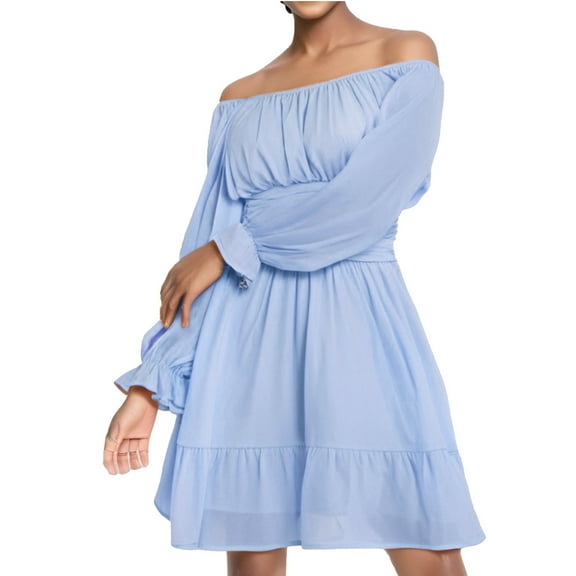 Afdoent Women Dress Ladies Square Neck Tie Back Elastic Waist Long Sleeve Ruffle Hem Mini Dress Elegant