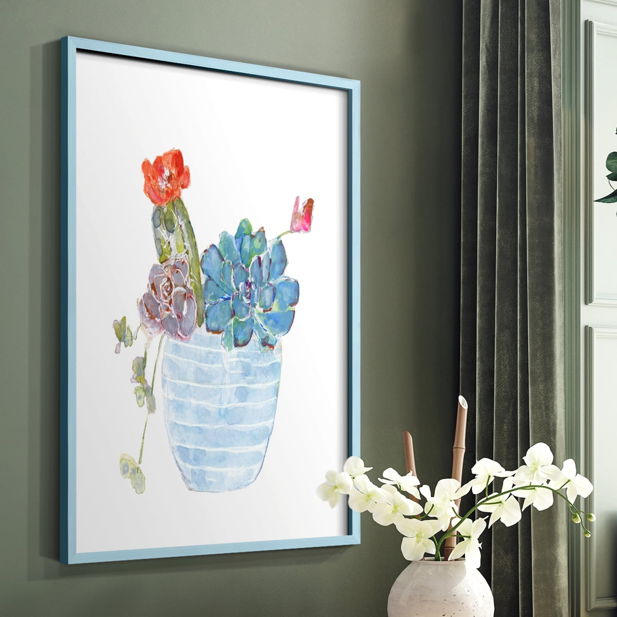 Cactus and Succulent Blooms I Framed Print in Blue Solid Wood Framed Print No Nail Hanging