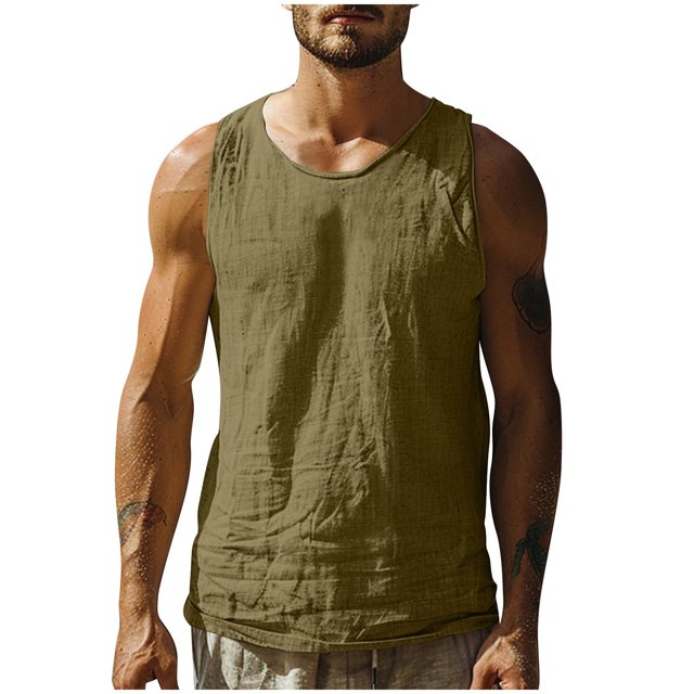 YanHoo Mens Linen Tank Tops Sleeveless Round Neck Workout Shirts Big and Tall