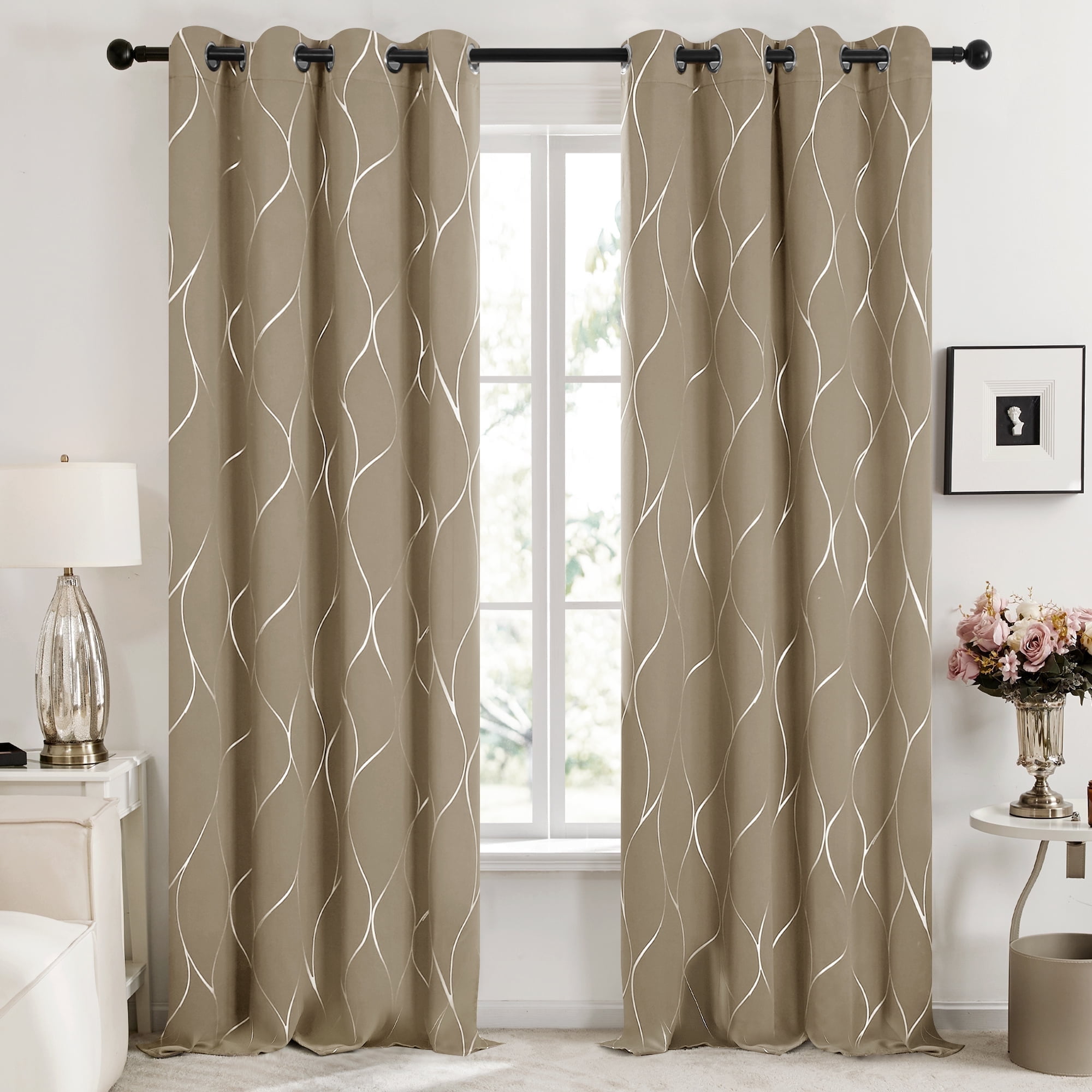 Deconovo Blackout Curtains, Silver Wave Foil Print Grommet Panels, 52x84 in, Khaki, Set of 2