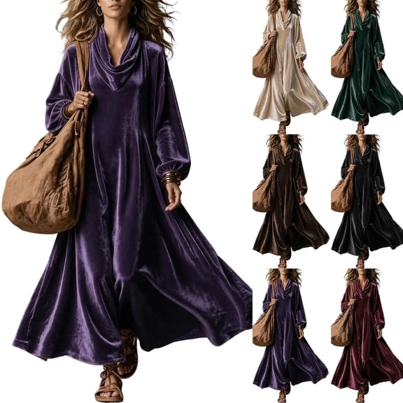 Jowdiw Velvet Dress for Women Plus Size Long Sleeve Cowl Neck Loose A Line Maxi