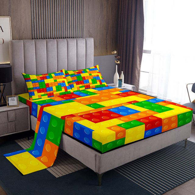 Erosebridal Building Blocks Sheet Set Full, Cartoon Brick Bedding Sets Full Size, Square Geometry Decor 4pcs