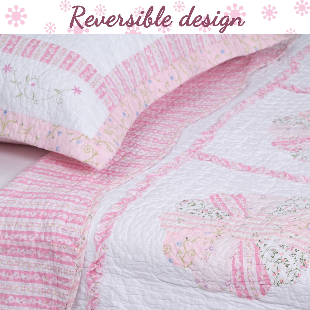 Cozy Line Vintage Pink Daisy Field Calico Floral 100% Cotton Quilt Set, Queen Set
