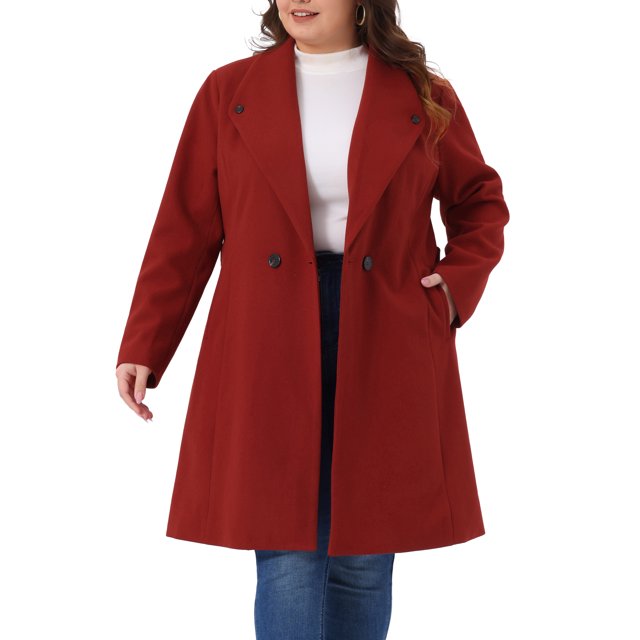 Abrigos de Invierno para Mujeres de Talla Grande Agnes Orinda con Solapa de Un Solo Botón y Cinturón Midi en Color Rojo Oscuro 1X