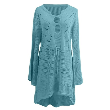2DXuixsh Swimwear Dress Cover Up Sheer Hollow Knit Flare Sleeve Beach Blouse Holiday Bikini Jacket Lingerie for Women Cover Up Womens Swim D L