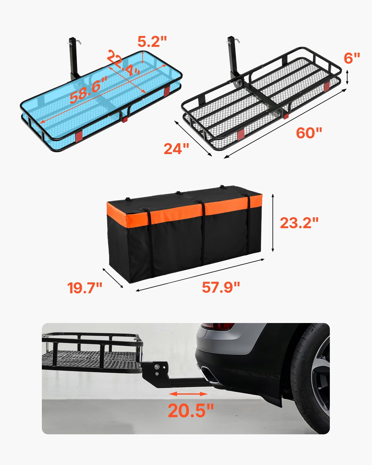 VEVOR 60" x 24" x 6", Hitch Cargo Carrier, 500 lbs Capacity Hitch Cargo Carrier with Cargo Net with Hook & Waterproof Cargo Bag