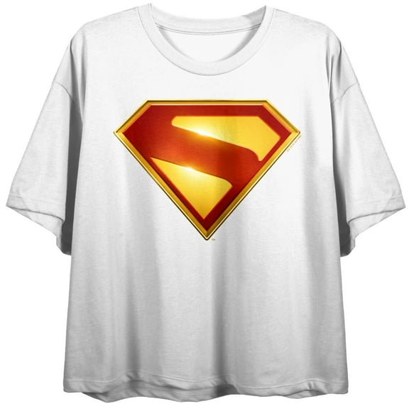 Superman Movie 2025 S Letter Inside Diamond Women's White Crew Neck Short Sleeve Crop Tee-XS