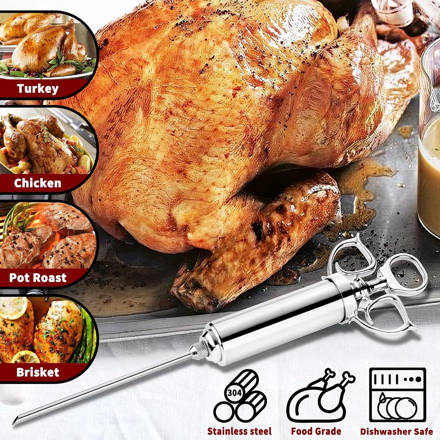 Meat Injector Syringe Kit, 2-oz Large Capacity Marinade Turkey Injector with 3pcs Stainless Steel Marinade Injector Needles for BBQ Grill Smoker & Turkey & Brisket