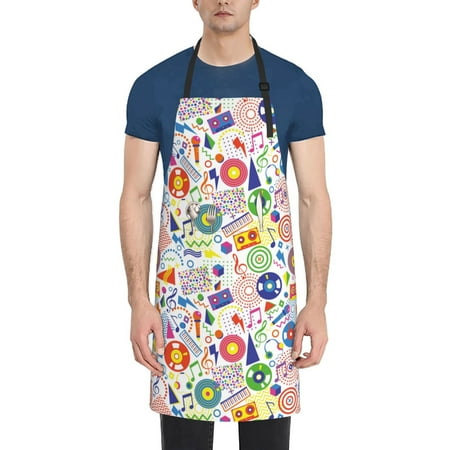 

Qekee Retro Musi Disco Print Waterproof Apron with Pockets Adjustable Cooking Aprons Kitchen Bib for Baking Household Cleaning
