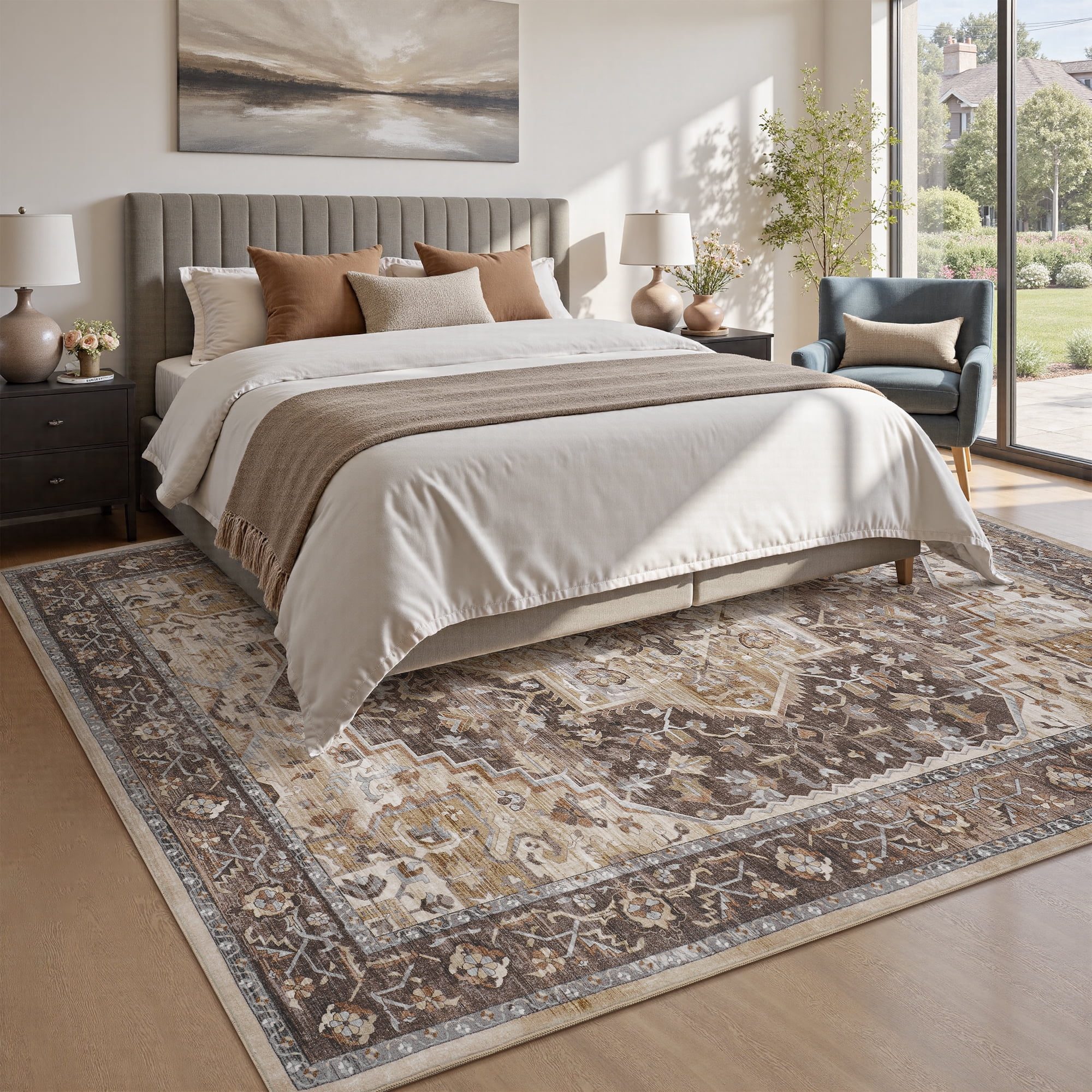 SIXHOME 8'x10' Eastern Classic Area Rug Washable Distressed Carpet Vintage Medallion Rugs for Living Room Bedroom Kitchen Dining Room Retro Neutral Home Decor Brown