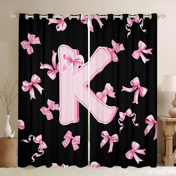 Feelyou Pink Initial K Letter Black Out Curtains, Princess Cartoon Ribbon Curtains Pack of 2 (42x63 Each), Fashion Buffalo Bowknot Bedroom Curtains, Blackout Curtains Bedroom Decor