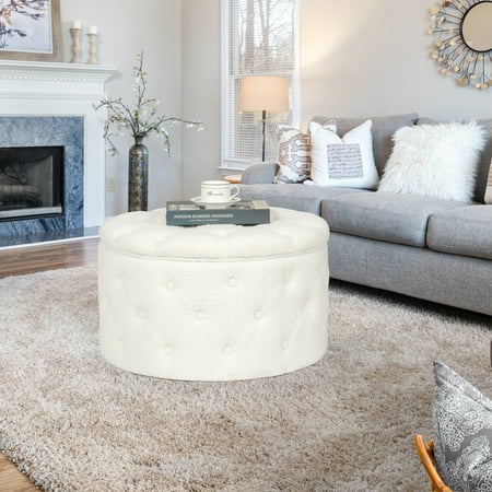 Joveco Round Velvet Storage Ottoman Footrest Stool Button Tufted Bench Coffee Table for Living Room & Bedroom White