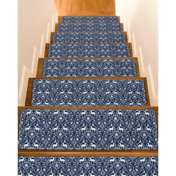 Navy Blue Boho Elk Non-Slip Stair Treads for Wooden Steps, 10 Pack-8x30in Carpet Stair Mats with Adhesive Backing, Noise-Reducing Step Covers for Indoor Stairs, Easy to Install & Residue-Free
