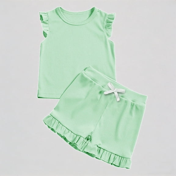 Krdevn Girls Summer Outfits 2 Piece Set Toddler Baby Pure Color Sleeveless Top Elastic Waist Shorts Casual Beach School Party Yoga Play,2-3 Years