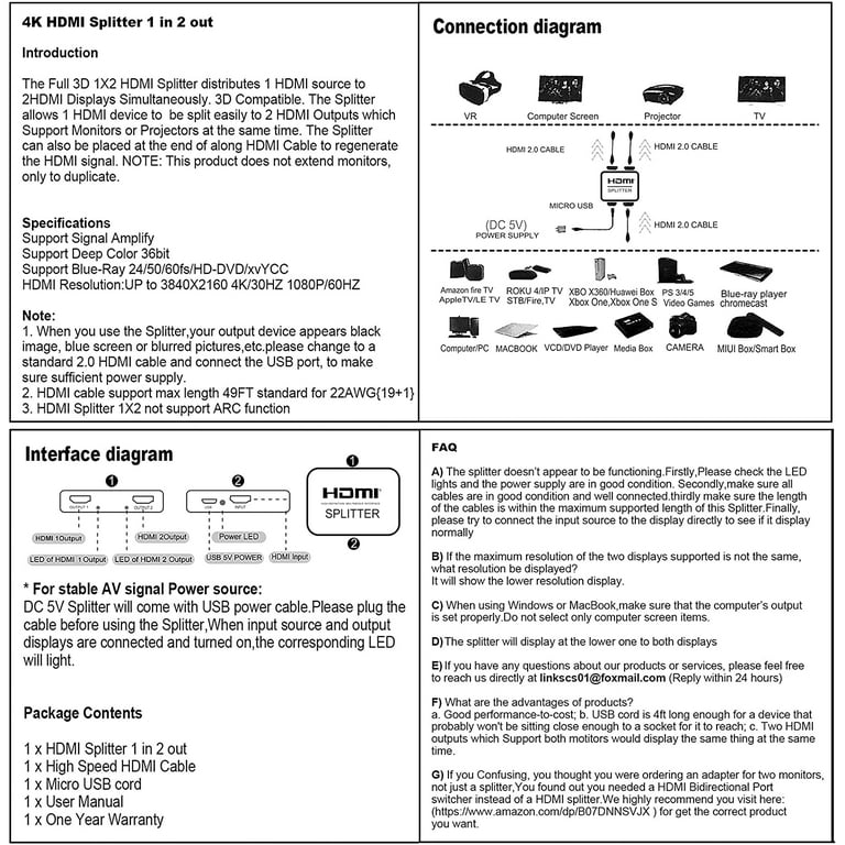 avedio links HDMI Splitter 1 in 2 Out【with 4ft HDMI Cable 】 4K HDMI  Splitter for Dual Monitors Duplicate/Mirror Only, 1x2 HDMI Splitter 1 to 2  Amplifier for Full HD 1080P 3D, 1 Source onto 2 Displays : Electronics 