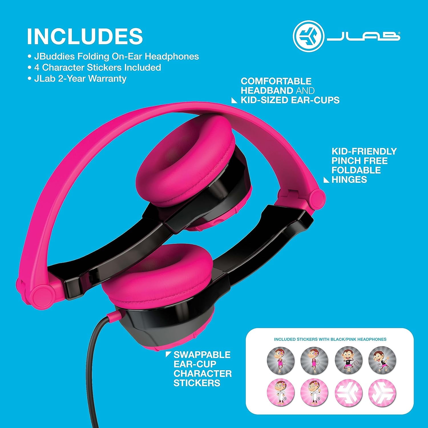 JLab Audio JBuddies Kids - folding, Volume Limiting Headphones, GUARANTEED FOR LIFE - Black / Pink