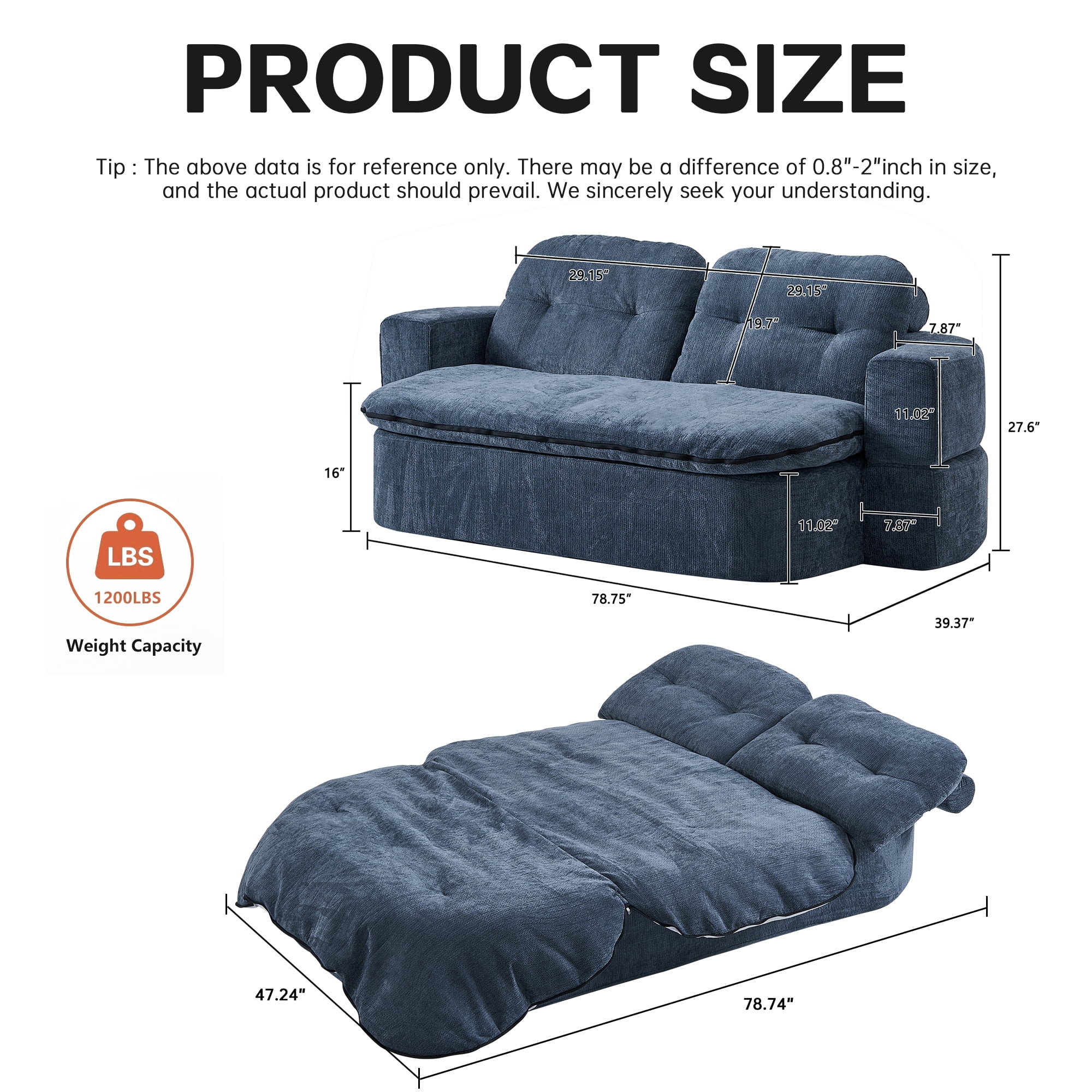 Sleeper Sofa Bed with 2 Pillows,Corduroy Convertible Futon Sleeper Sofa Couch,Modern Floor Sofa Bed,Folding Mattress for Living Room,Small Spaces,Dark Blue