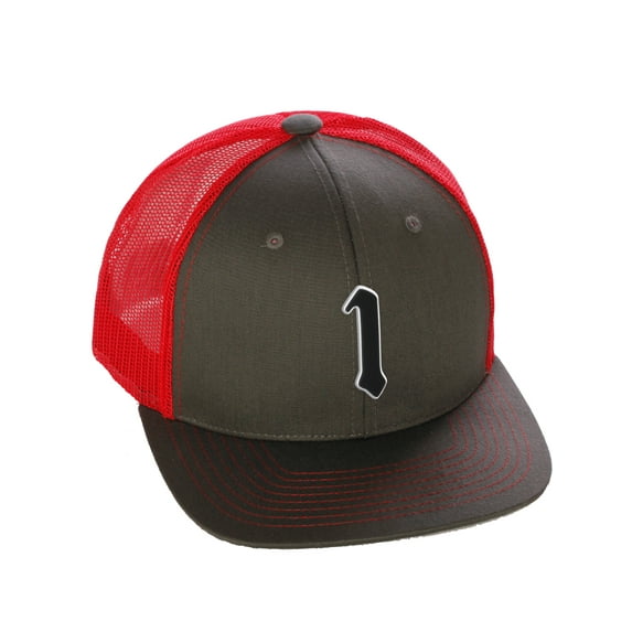 Daxton Classsic Baseball Trucker Hat Old English A to Z Letters Numbers Structured Mid Profile Cap, Charcoal Red Hat, Number 1