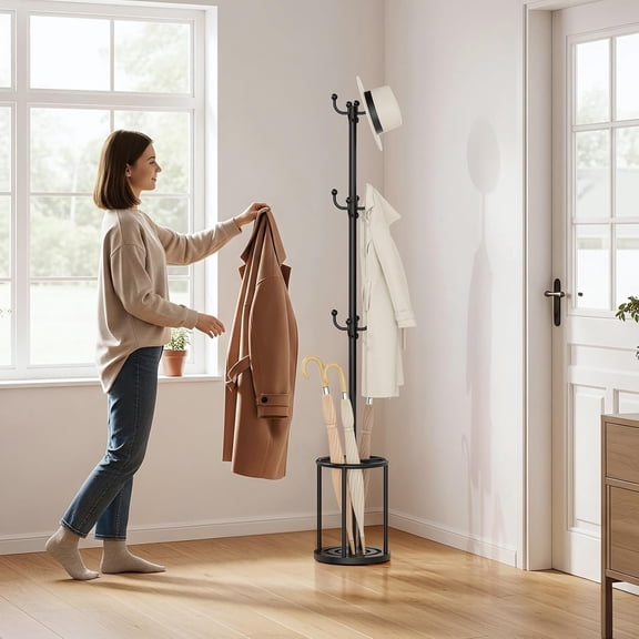 Coat Rack Freestanding, Hat Rack Hall Tree Coat Hanger with Umbrella Holder for Entryway, Black