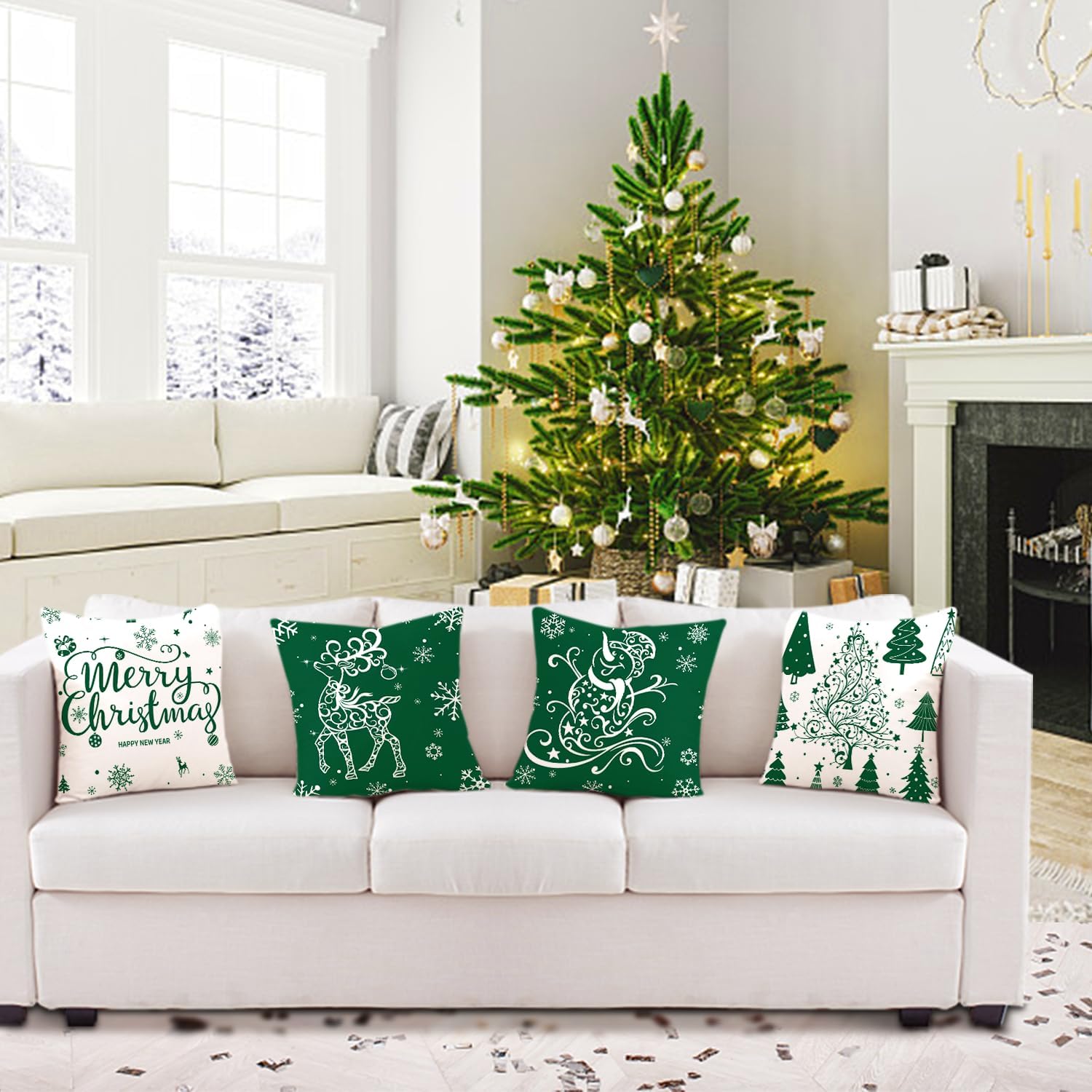 Green Christmas Throw Pillow Covers 20x20 Set of 4 Christmas Decoration Trees Deer Snowman Merry Christmas Decorative Holiday Farmhouse Pillow Covers for Holiday Christmas Decoration