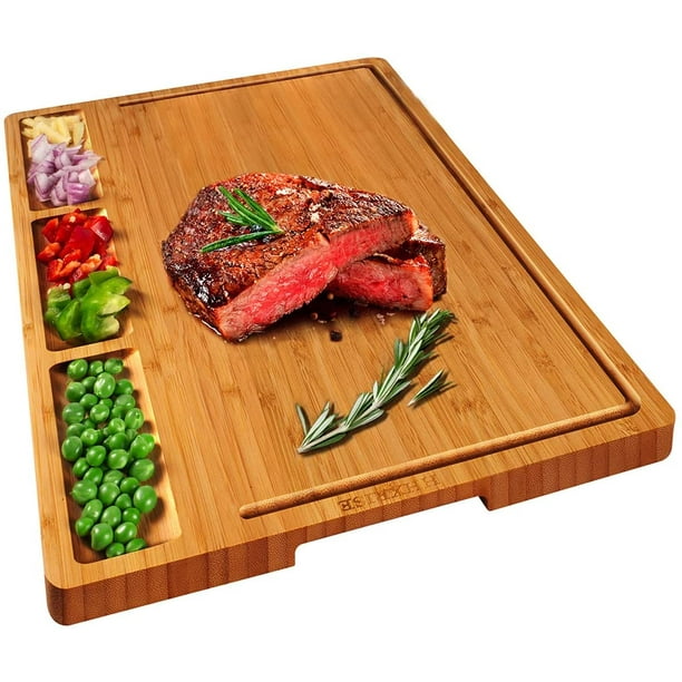 Heavy Duty Large Organic Bamboo Cutting Board, 3 Built-In Compartments, BPA  Free