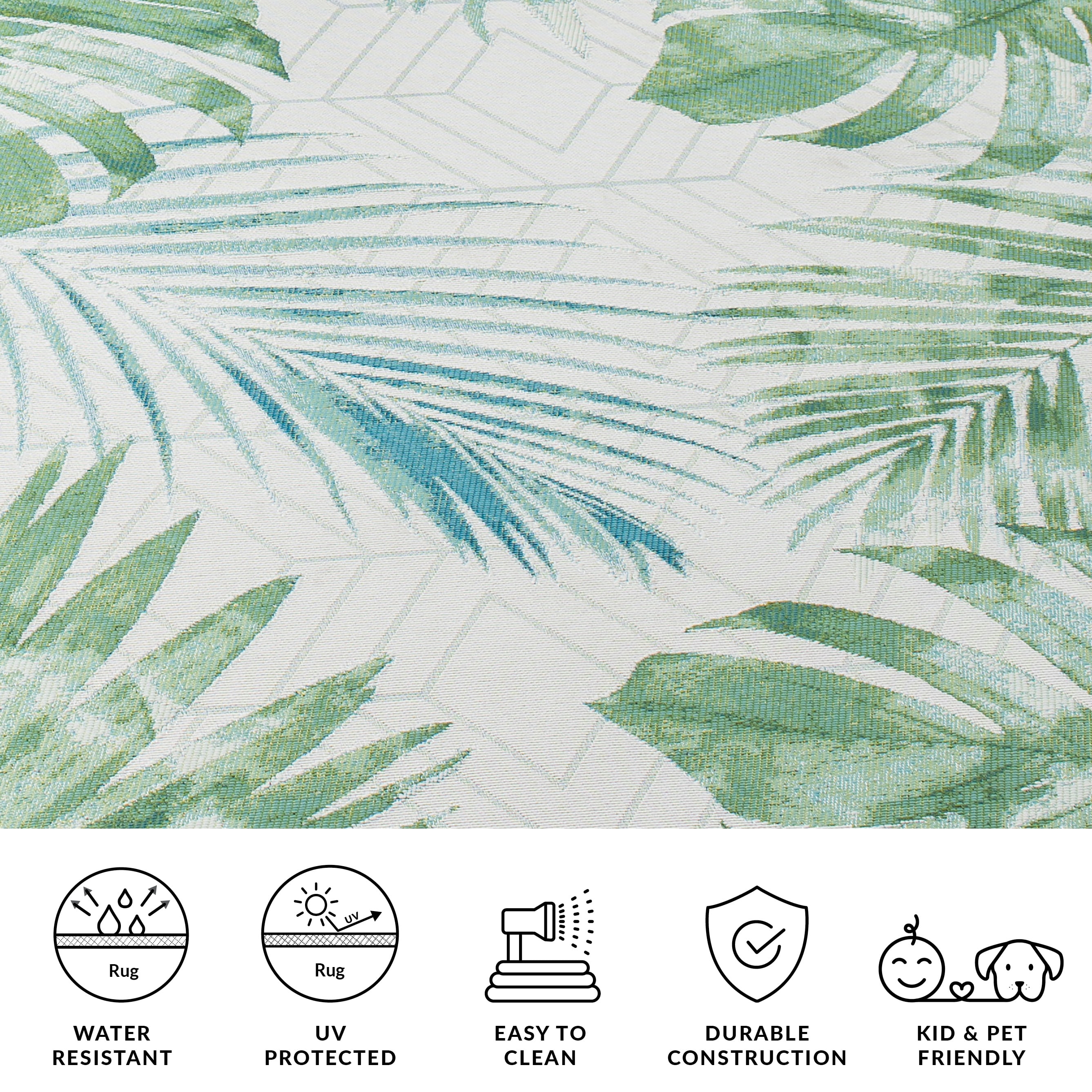 SAFAVIEH Barbados Distressed Palm Leaves Outdoor Area Rug, Green/Teal, 6'6" x 6'6" Round