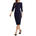 thumbnail image 4 of Vestido de tubo para mujer Inspire Chic, cuello barco, mangas 3/4, dobladillo dividido, vestido midi para el trabajo, azul marino, talla M, 4 of 6