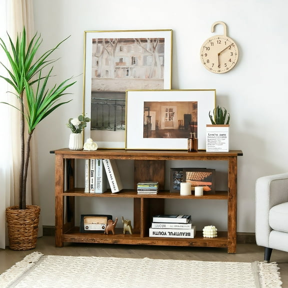 YYAo TV Stand, Television Console Table,Entertainment Center,3 Tier Wood TV Stand for 55-Inch with Open Shelves and X-Shaped Frame-Brown