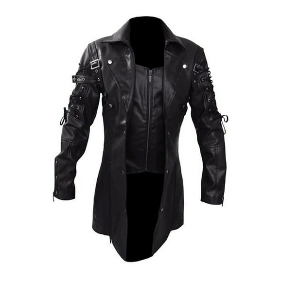 hopeusnice Men's Gothic Steam Long Leather Trench Coat Jacket Black Tailcoat Outwear Black XXXXXL