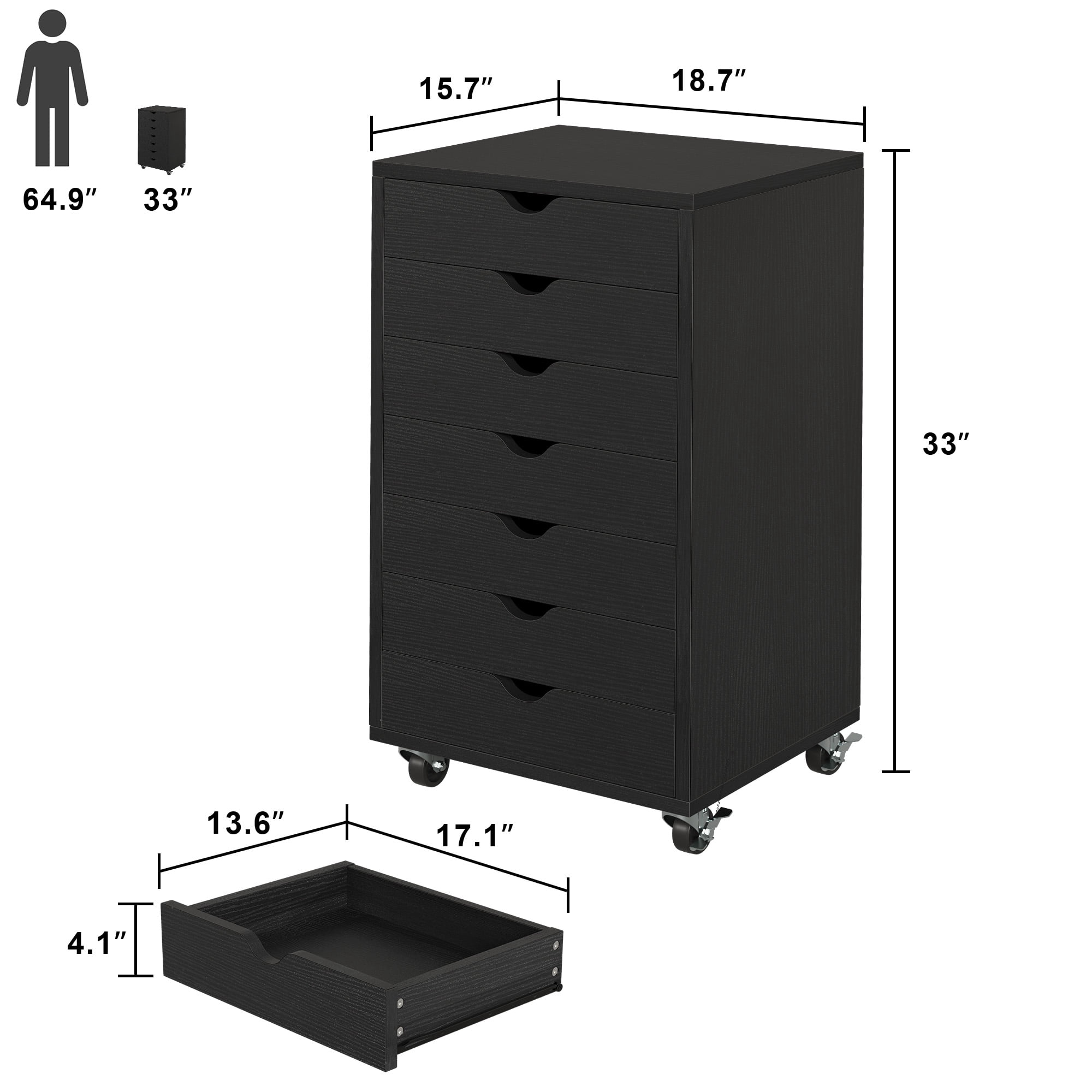 Dextrus 7-Drawer File Cabinets Office Wooden File Cabinet Chest Mobile Organizer Storage Rolling Storage Drawer Cabinet, Black