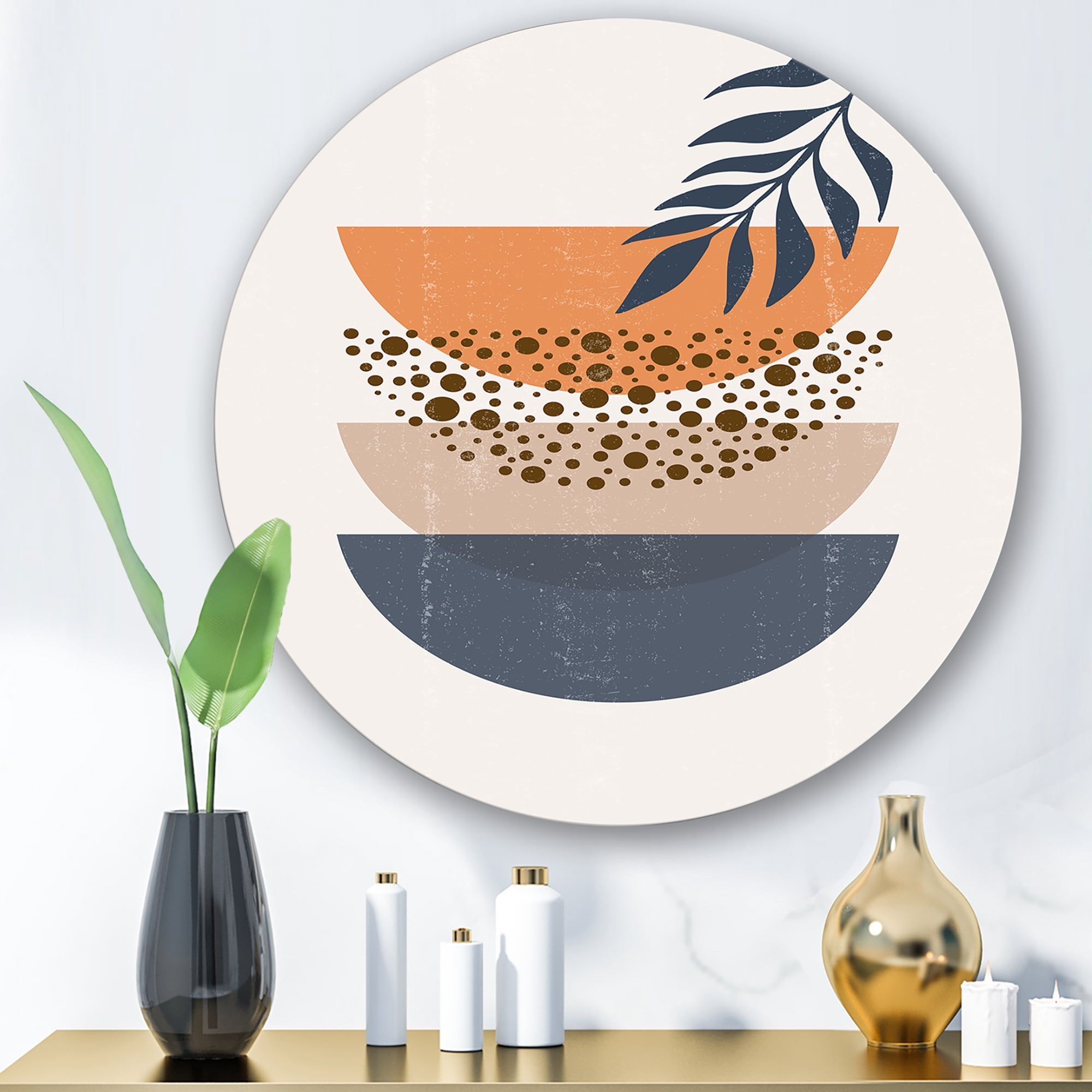 Designart 'Abstract Geometrical Moon and Sun With Leaf IV' Modern Circle Metal Wall Art 11x11 - Disc of 11